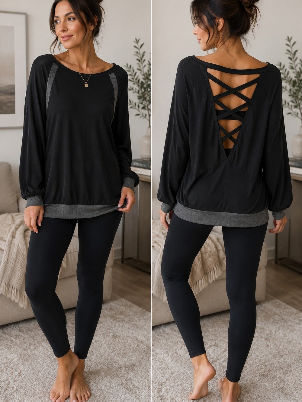 Black Open Back Crisscross Lounge Top | Athleisure Yoga Casual Pullover